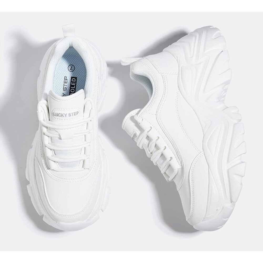 Brand New Women White Rubber LUCKY STEP Chunky Platform Lace-Up Walking Sneaker - Picture 6 of 9